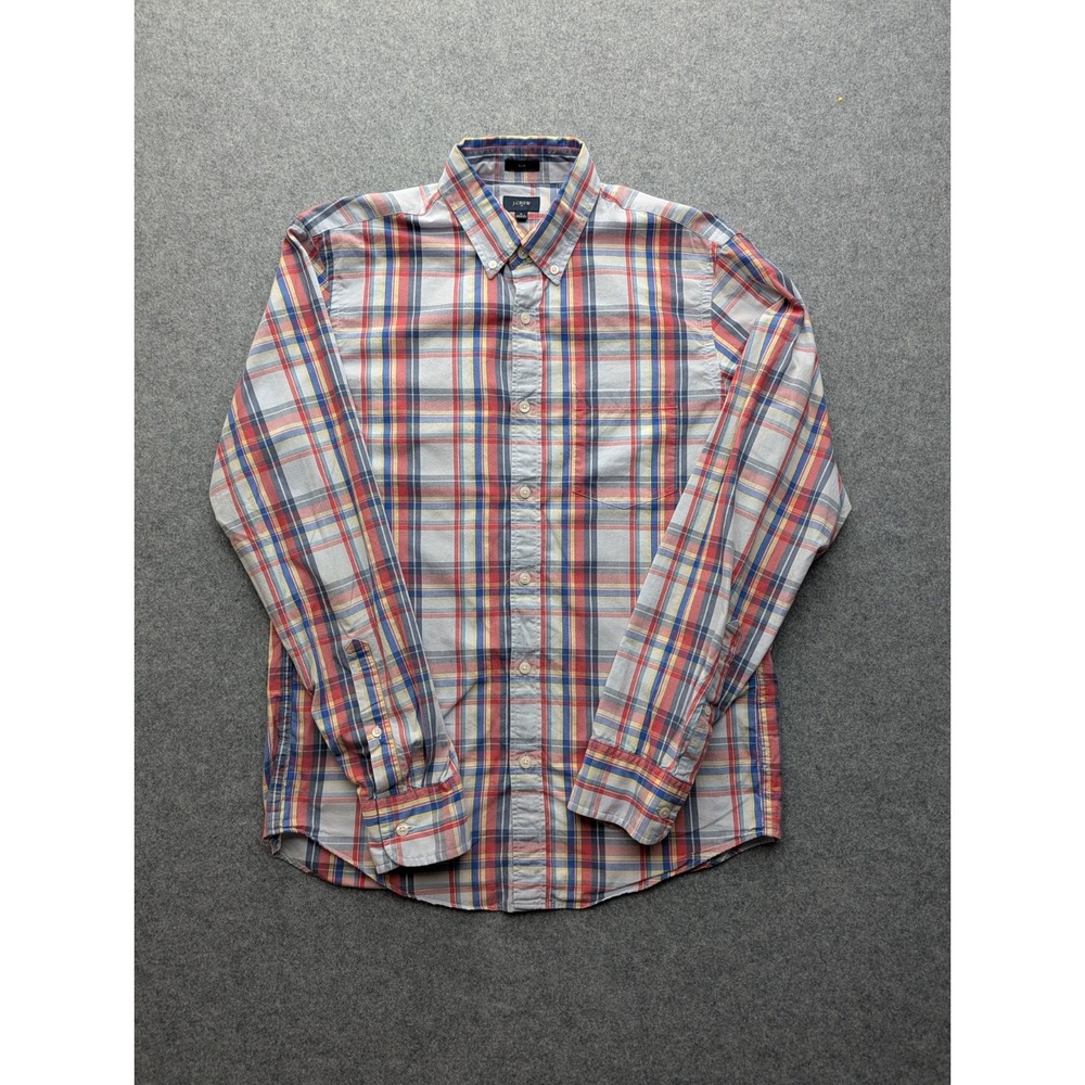 J Crew Men Medium Slim Fit Plaid Button Down Shirt Gray Red Blue Yellow Cotton